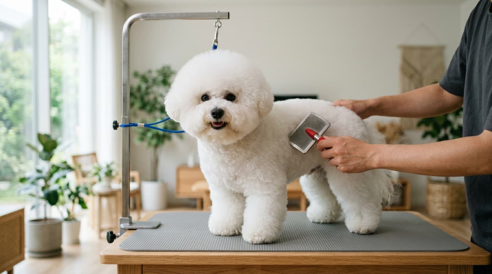 A white Bichon Frise with a fluffy powder-puff coat being brushed in a bright home
