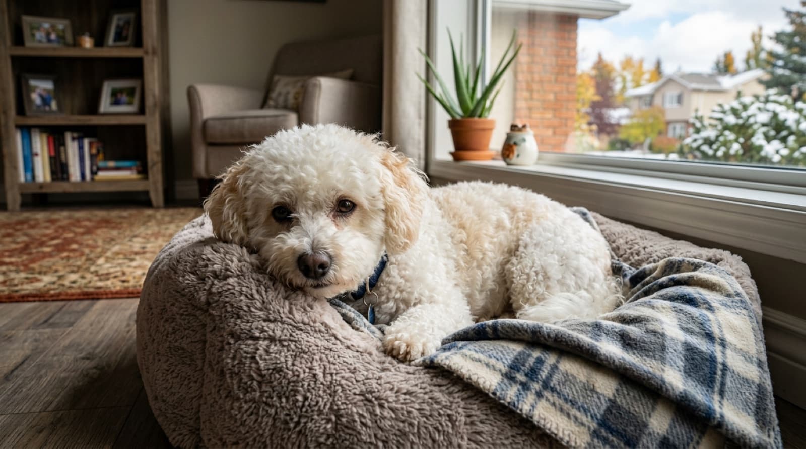 A healthy adult Bichon Frise sitting calmly during a routine wellness exam at a Calgary veterinary clinic