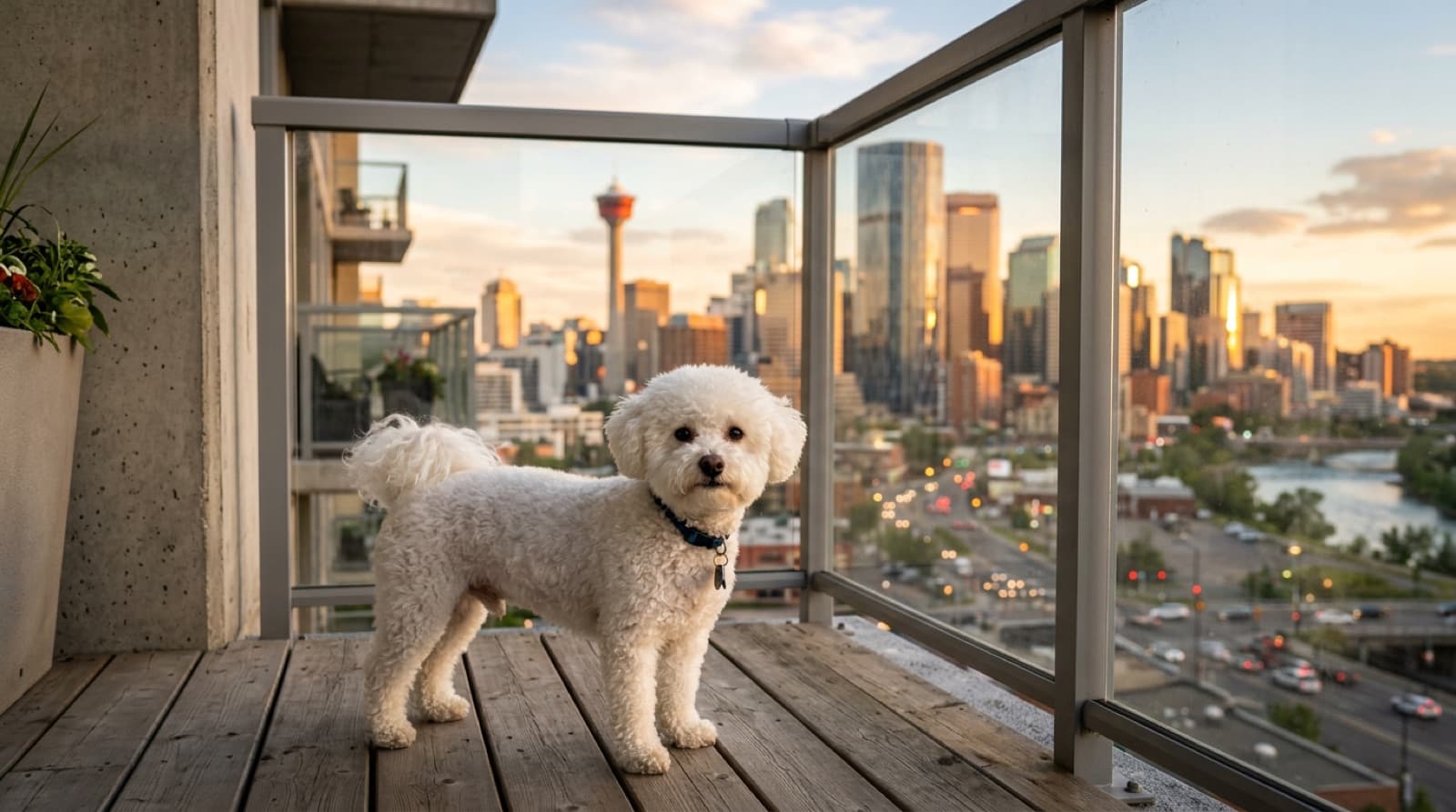 A bright white Bichon Frise sitting on a Calgary apartment couch in soft afternoon light, showing the breeds signature curly double coat, dark round eyes, and cheerful expression that defines the lap-dog companion temperament