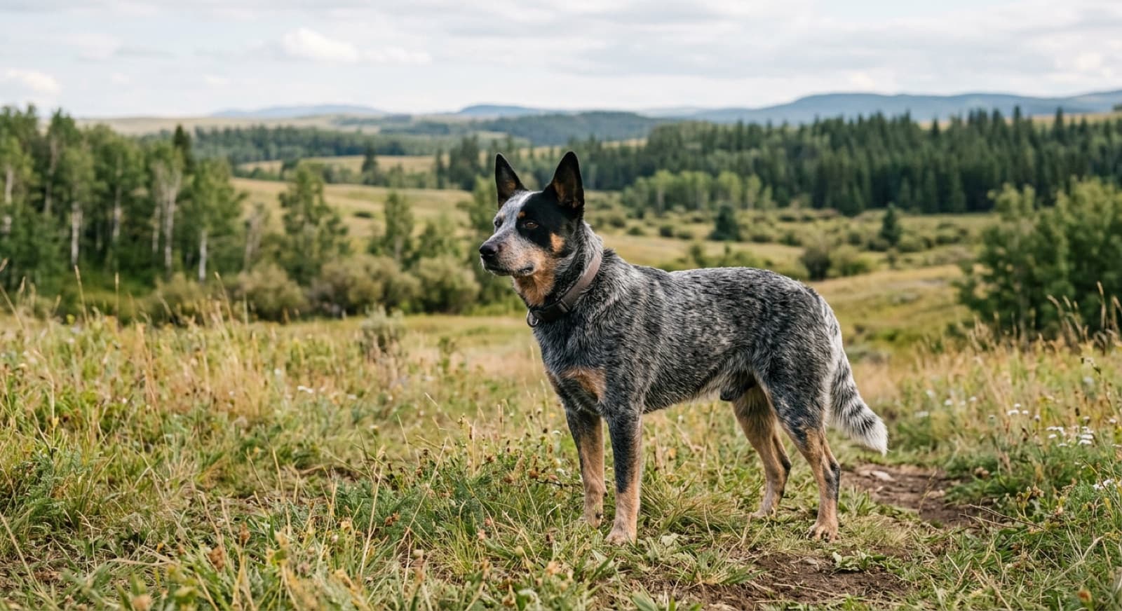 An adult Blue Heeler Australian Cattle Dog with classic mottled grey-blue coat standing alert on green parkland in an Edmonton outdoor setting