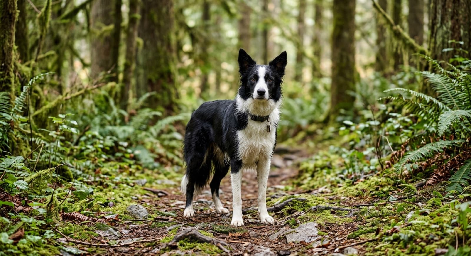 An alert black and white Border Collie on a forest trail near Vancouver