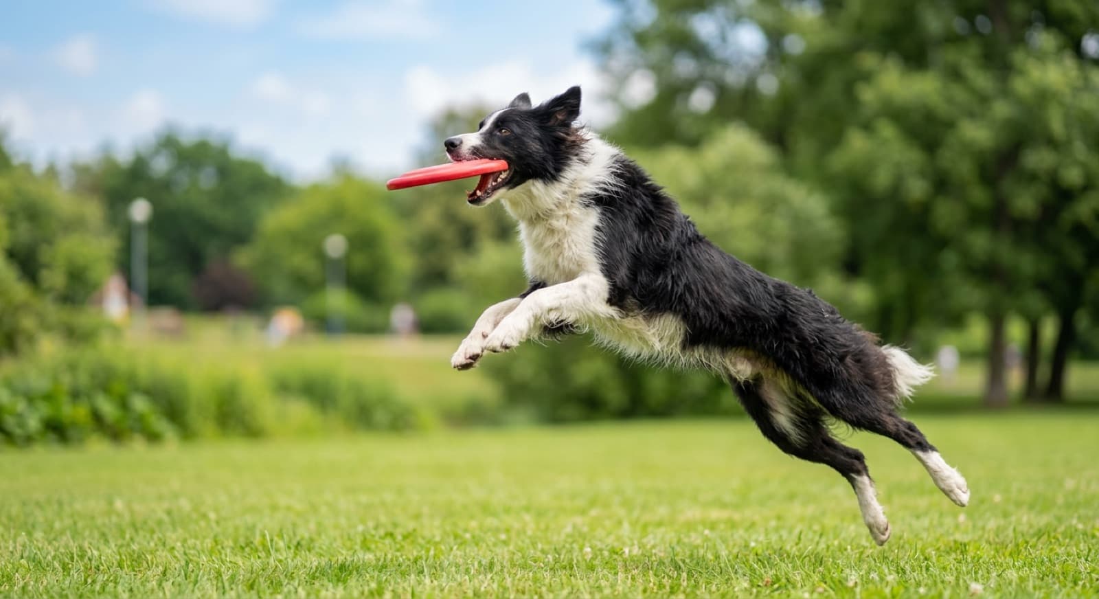 A Border Collie leaping to catch a frisbee in a green Vancouver park