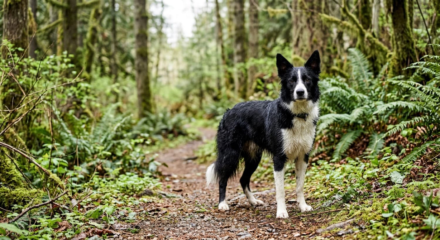 A healthy black and white Border Collie on a green Vancouver trail
