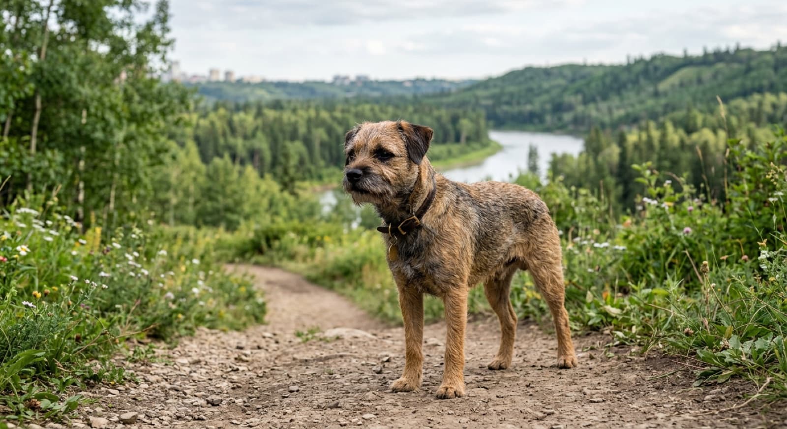 An adult Border Terrier with classic grizzle-and-tan wire coat standing alert on green parkland in an Edmonton outdoor setting, characteristic otter-shaped head visible
