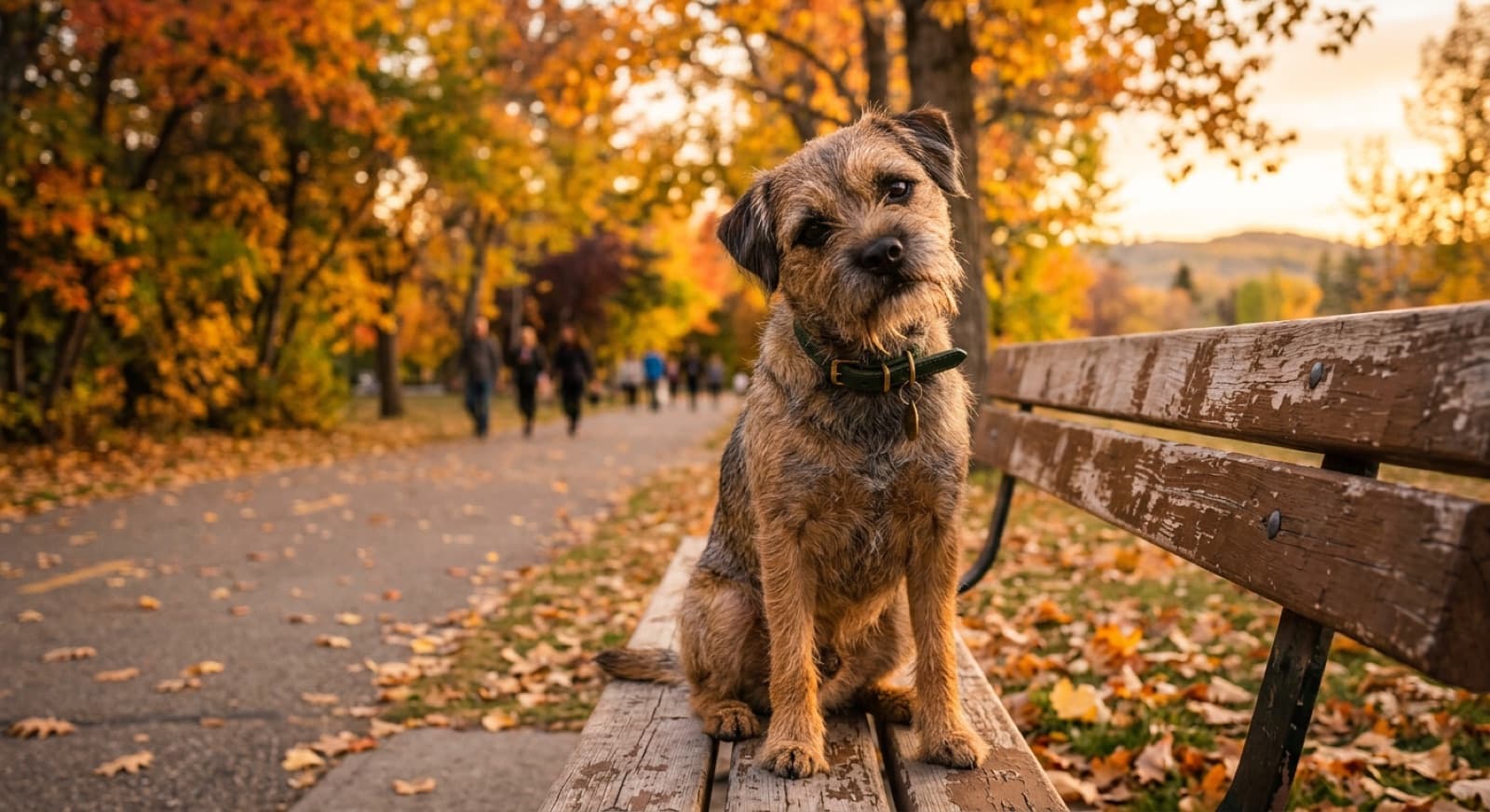 A Border Terrier with a wiry tan and grizzle coat and distinctive otter-shaped head standing in prairie grass at a Calgary off-leash field, Rocky Mountains in the distance