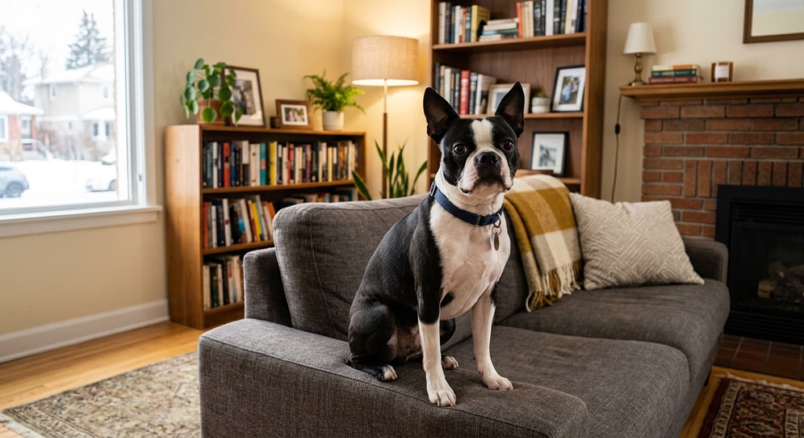 An adult Boston Terrier with classic black-and-white tuxedo markings sitting on a couch in an Edmonton home interior, alert friendly expression