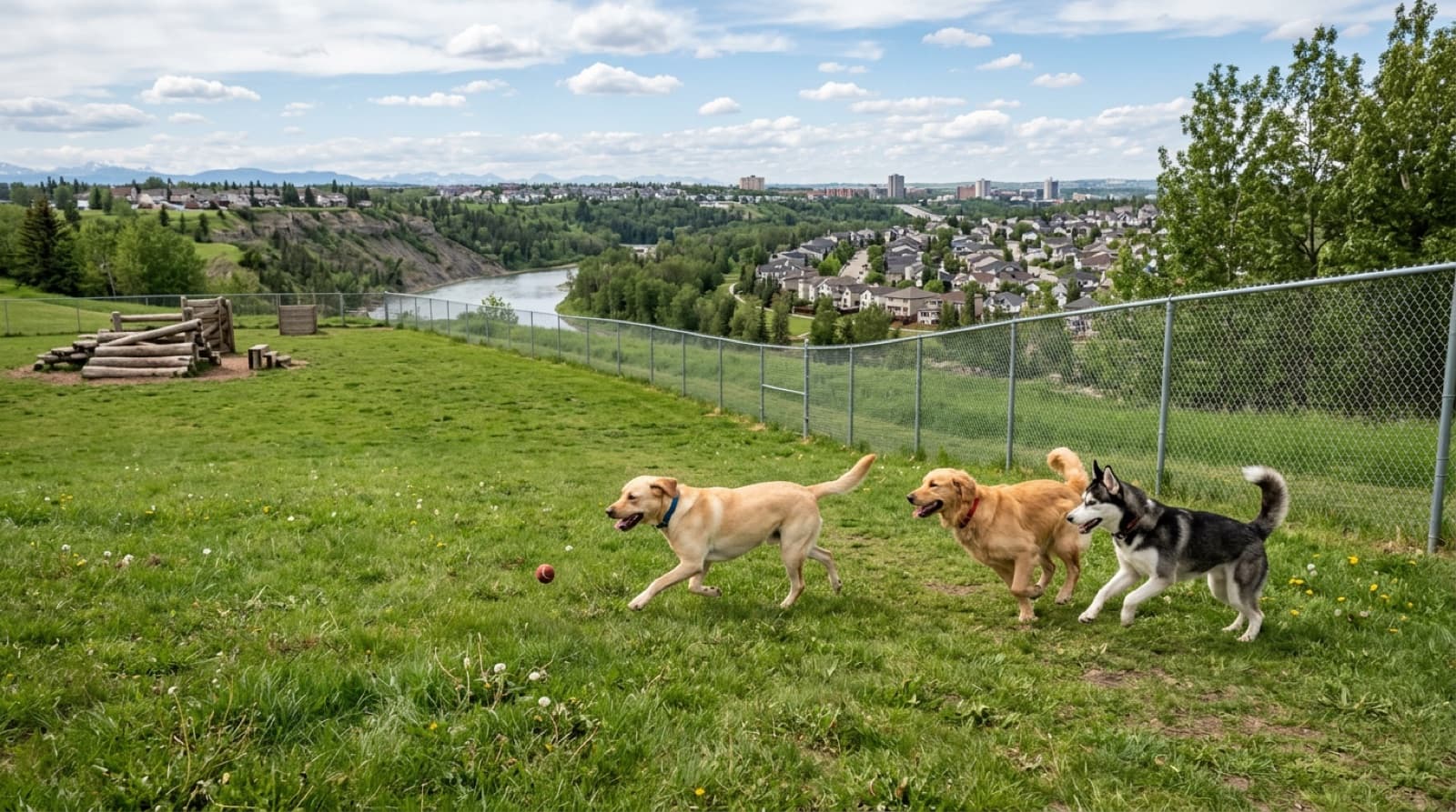 Dogs playing off-leash in Bowmont Park's fenced field in NW Calgary, with the Bow River escarpment in the background