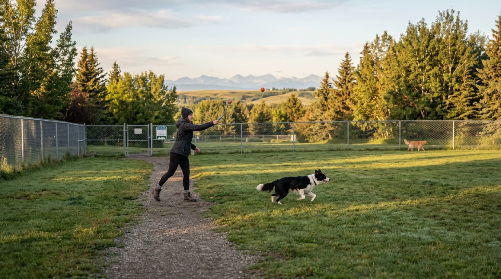 Quiet weekday morning at Bowmont Park's fenced off-leash area in NW Calgary, with one owner working on recall with their dog