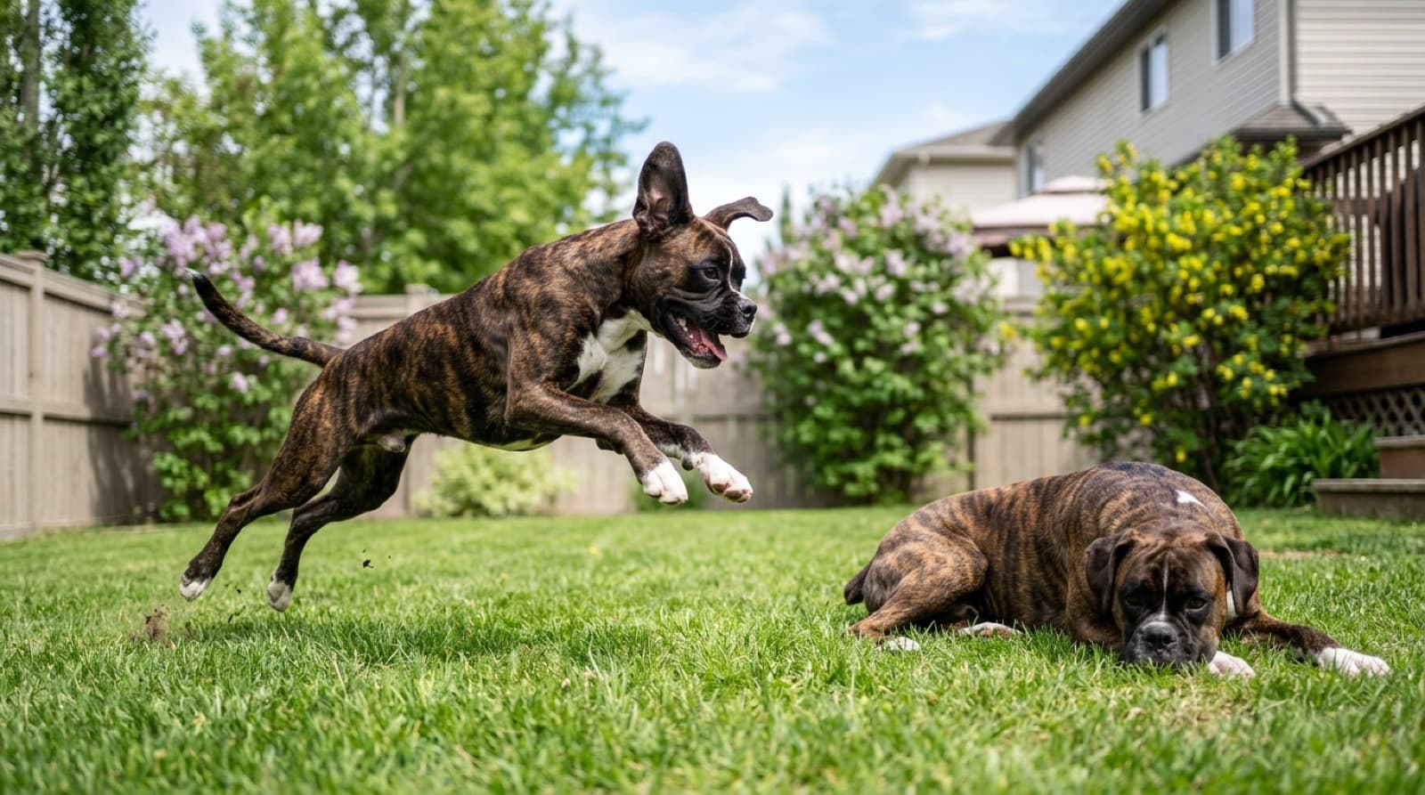 A bouncy 12-month-old Boxer puppy mid-jump next to a calm adult Boxer, illustrating why adult adoption is the recommended path for first-time Boxer owners