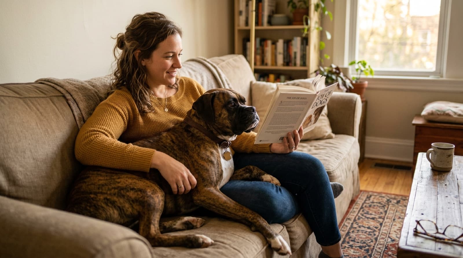 A first-time owner relaxing on a couch with a calm adult brindle Boxer leaning against them, illustrating the goofy people-pleasing temperament that makes Boxers more first-time-friendly than working breeds