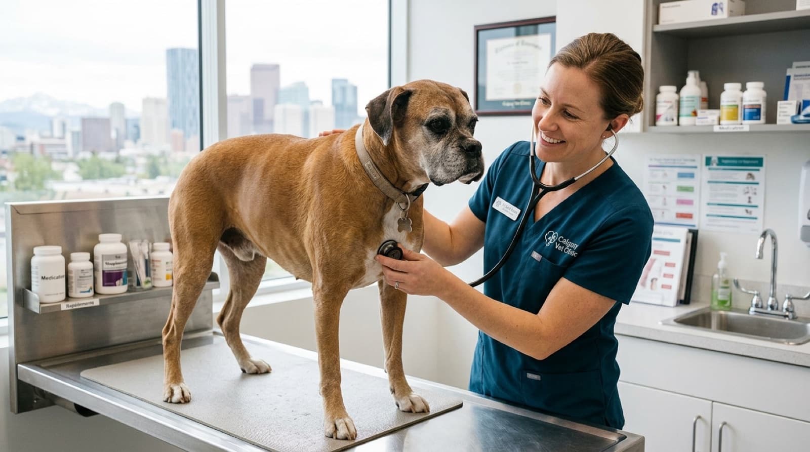 A senior fawn Boxer with a slightly graying muzzle being examined by a Calgary veterinarian during a wellness exam, illustrating the importance of proactive senior health monitoring for the breed