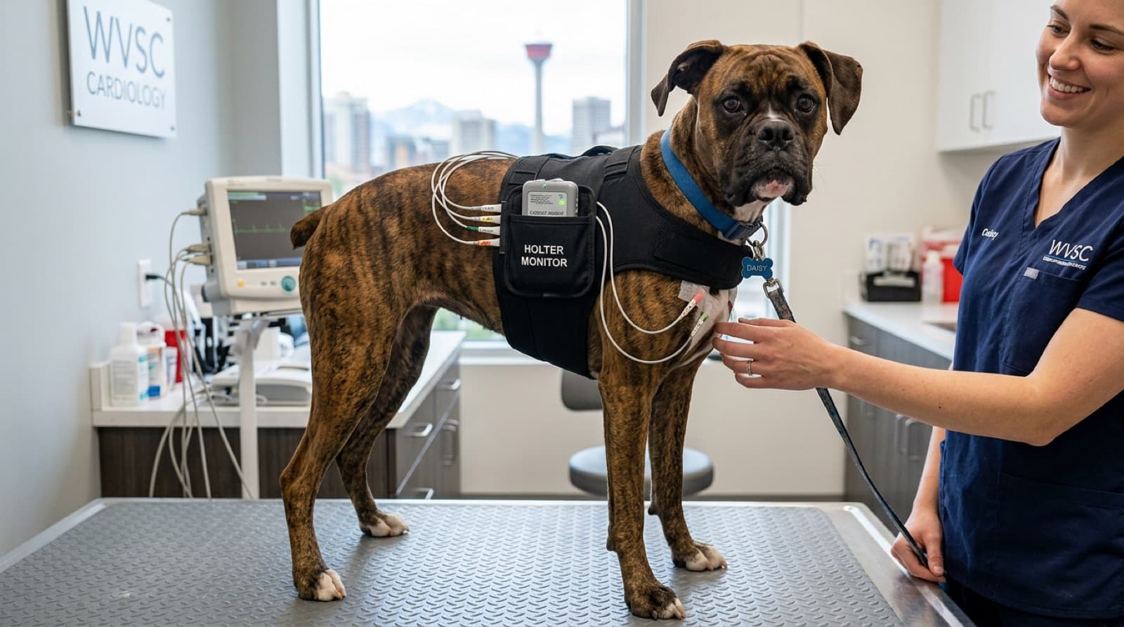 A Boxer wearing a 24-hour Holter monitor harness with the recording device pouch on its back, undergoing ARVC cardiac screening at a Calgary veterinary cardiology specialty clinic