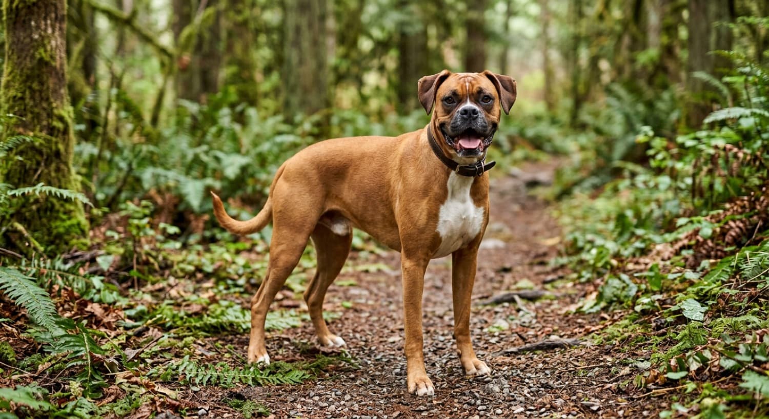 A healthy adult Boxer dog on a green Vancouver trail