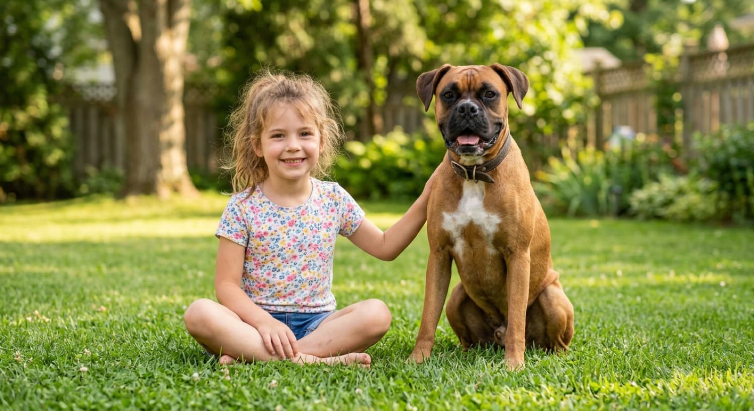 A friendly Boxer dog playing with a family in a bright Toronto backyard