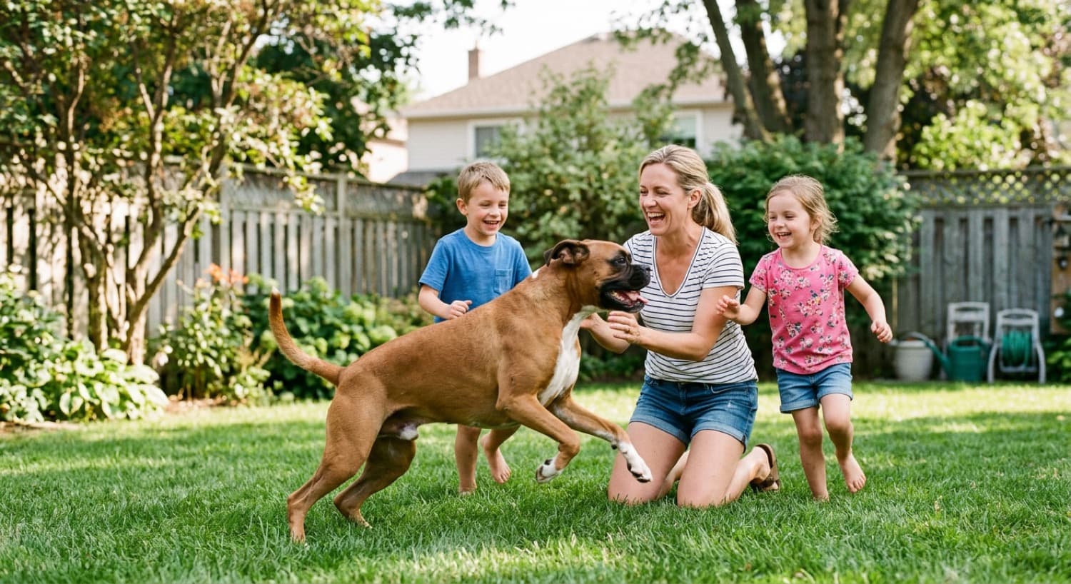 A friendly Boxer dog playing with a family in a bright Vancouver backyard