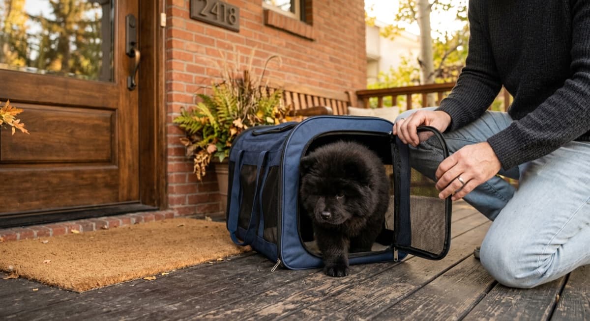 A Chow Chow settled in a Calgary home with a crate, harness, and grooming supplies visible during the first week