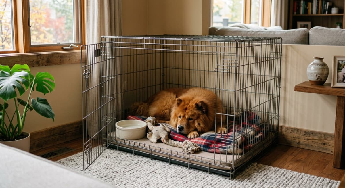 A Chow Chow resting calmly on a crate bed in a Calgary home during the first week of decompression