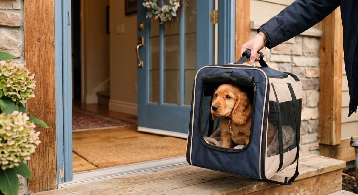 A Cocker Spaniel being welcomed into a Calgary home with a crate, harness, and ear-care supplies visible