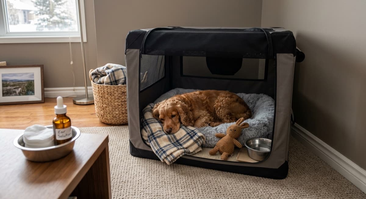 A Cocker Spaniel settled on a crate bed in a Calgary home during the first week of decompression