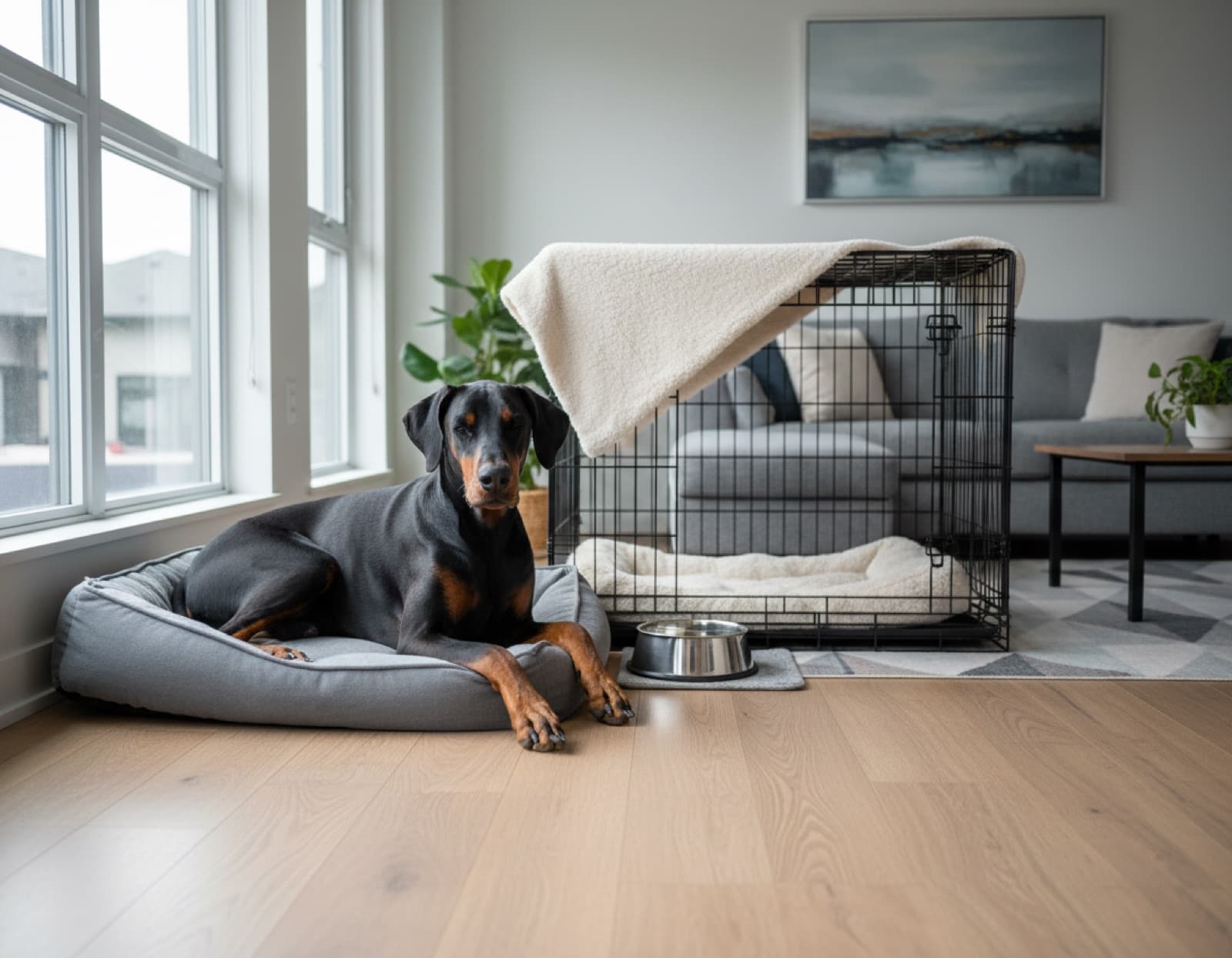 A Doberman settling into a Calgary home on the first day, with crate, leash, and water bowl visible