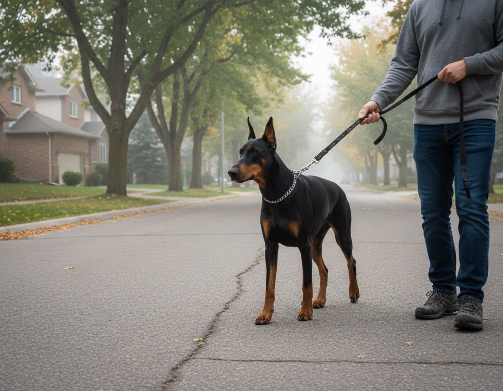A Doberman walking on a martingale collar during a quiet Calgary morning park outing in week 2