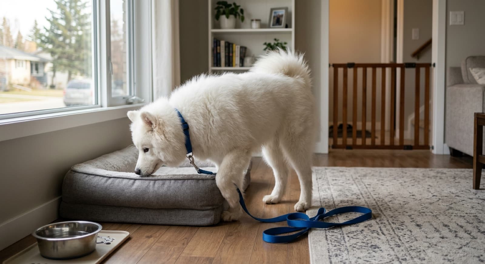 A Samoyed settling into a Calgary home on the first day, with crate, harness, and water bowl visible