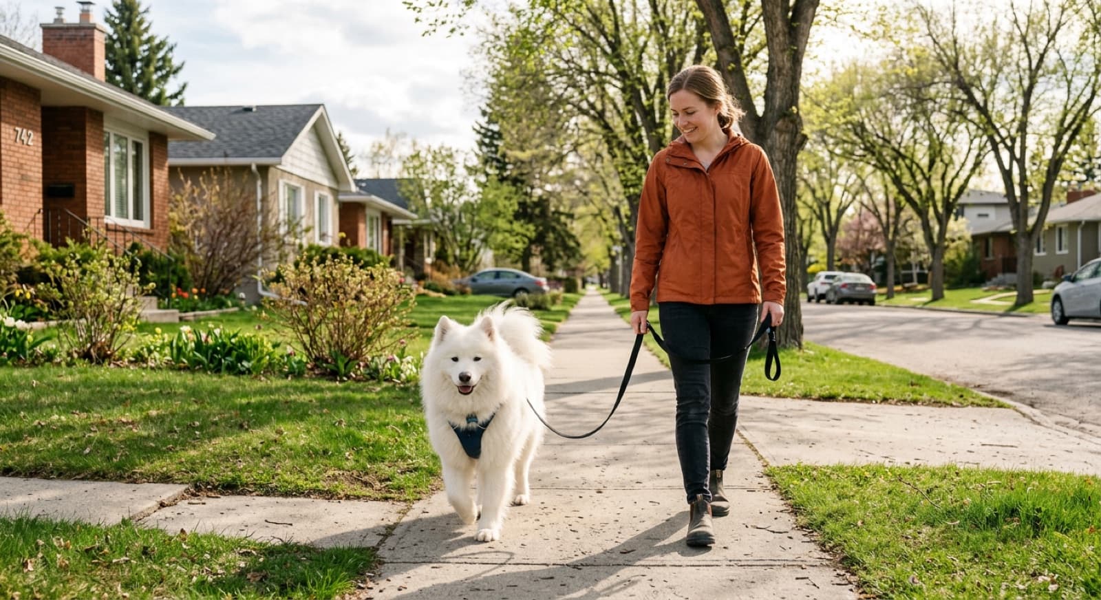 A Samoyed walking on a back-clip harness during a quiet Calgary morning park outing in week 2