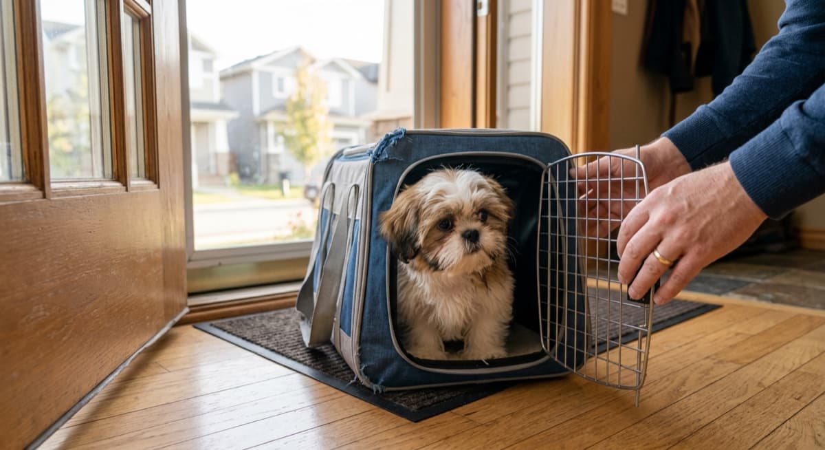 A small Shih Tzu being welcomed into a Calgary home with a crate, harness, and starter supplies visible