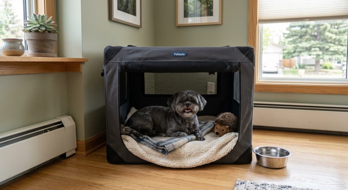 A Shih Tzu settled on a crate bed in a Calgary home during the first week of decompression