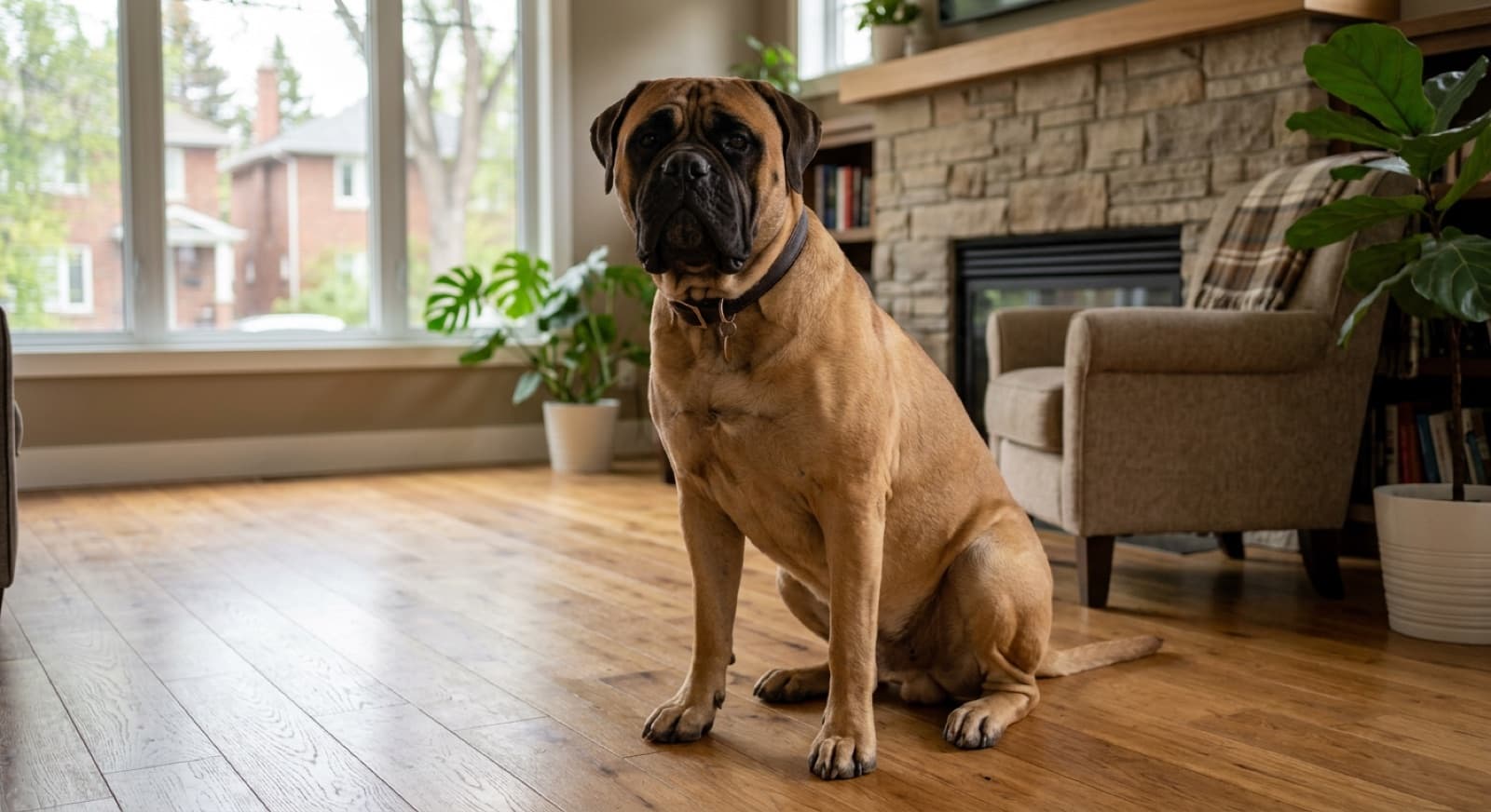 An adult Bullmastiff with classic fawn coat and characteristic dark mask sitting calmly on a hardwood floor in an Edmonton home interior