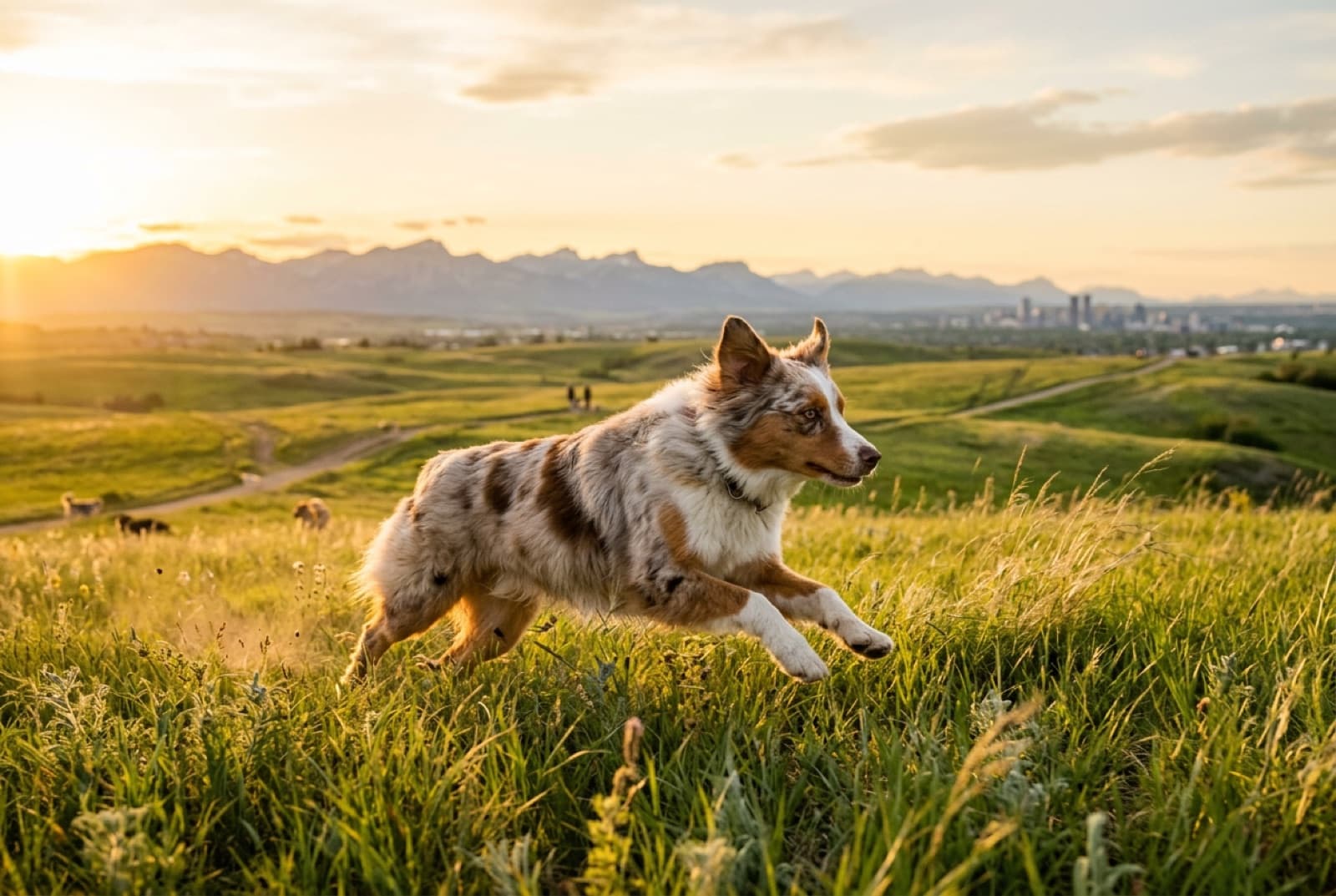 An Australian Shepherd running through Calgary prairie grass at an off-leash park, showing the breed's high exercise needs