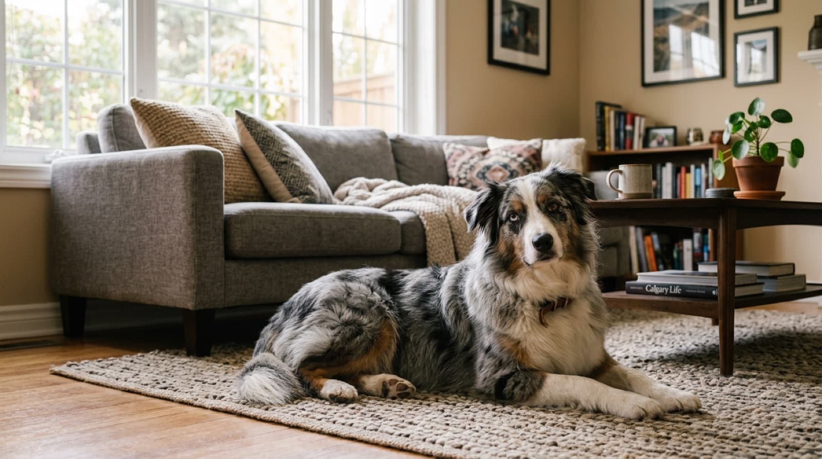 An adult blue merle Australian Shepherd resting calmly on a Calgary couch, showing the typical rescue Aussie temperament