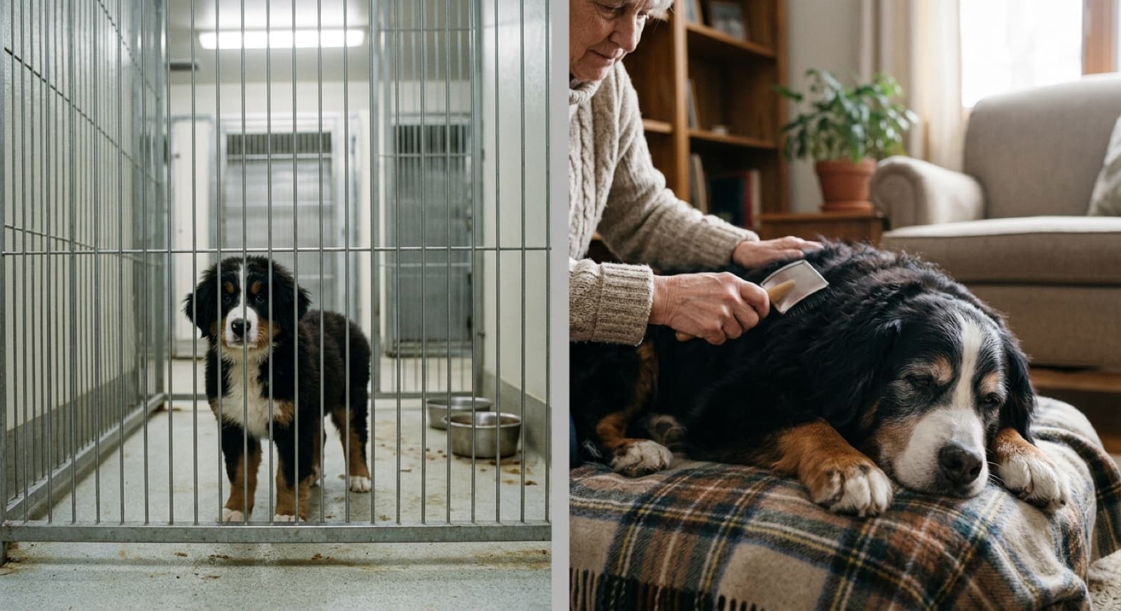 A Bernese Mountain Dog resting on a Calgary porch, illustrating the typical rescue Bernese temperament