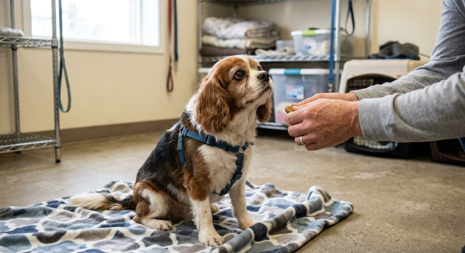 A tricolour Cavalier King Charles Spaniel in a harness sitting on a blanket and looking up at a treat