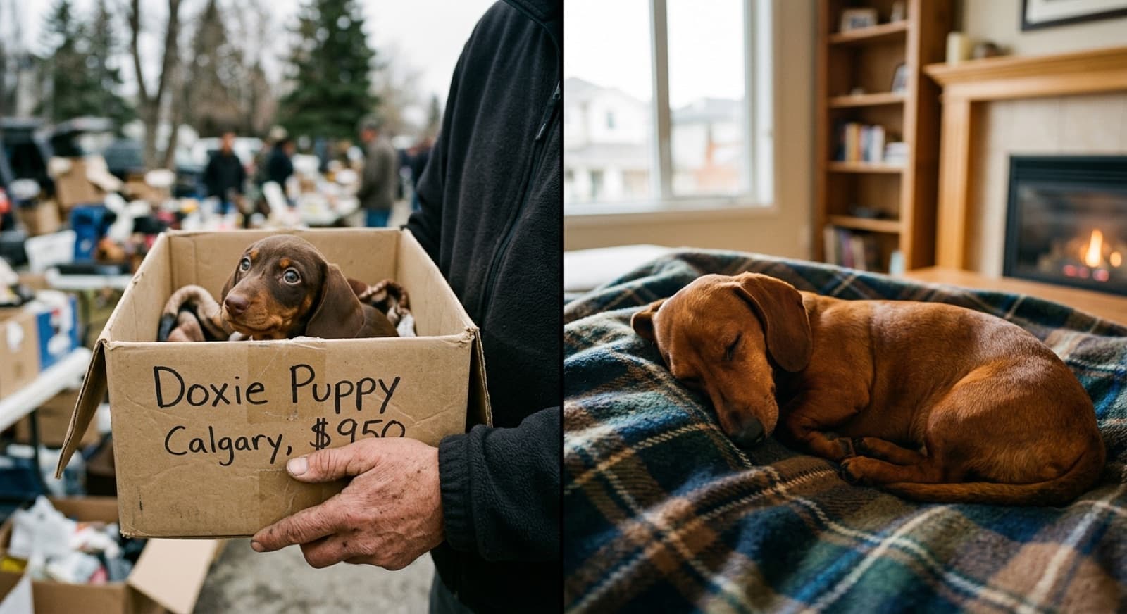 A red smooth-coat adult Dachshund sitting on a Calgary couch, showing the settled temperament of a rescue Doxie