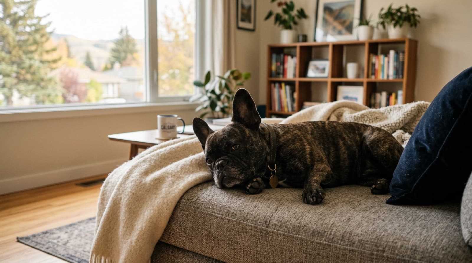 An adult brindle French Bulldog resting calmly on a Calgary couch, illustrating the typical rescue Frenchie temperament
