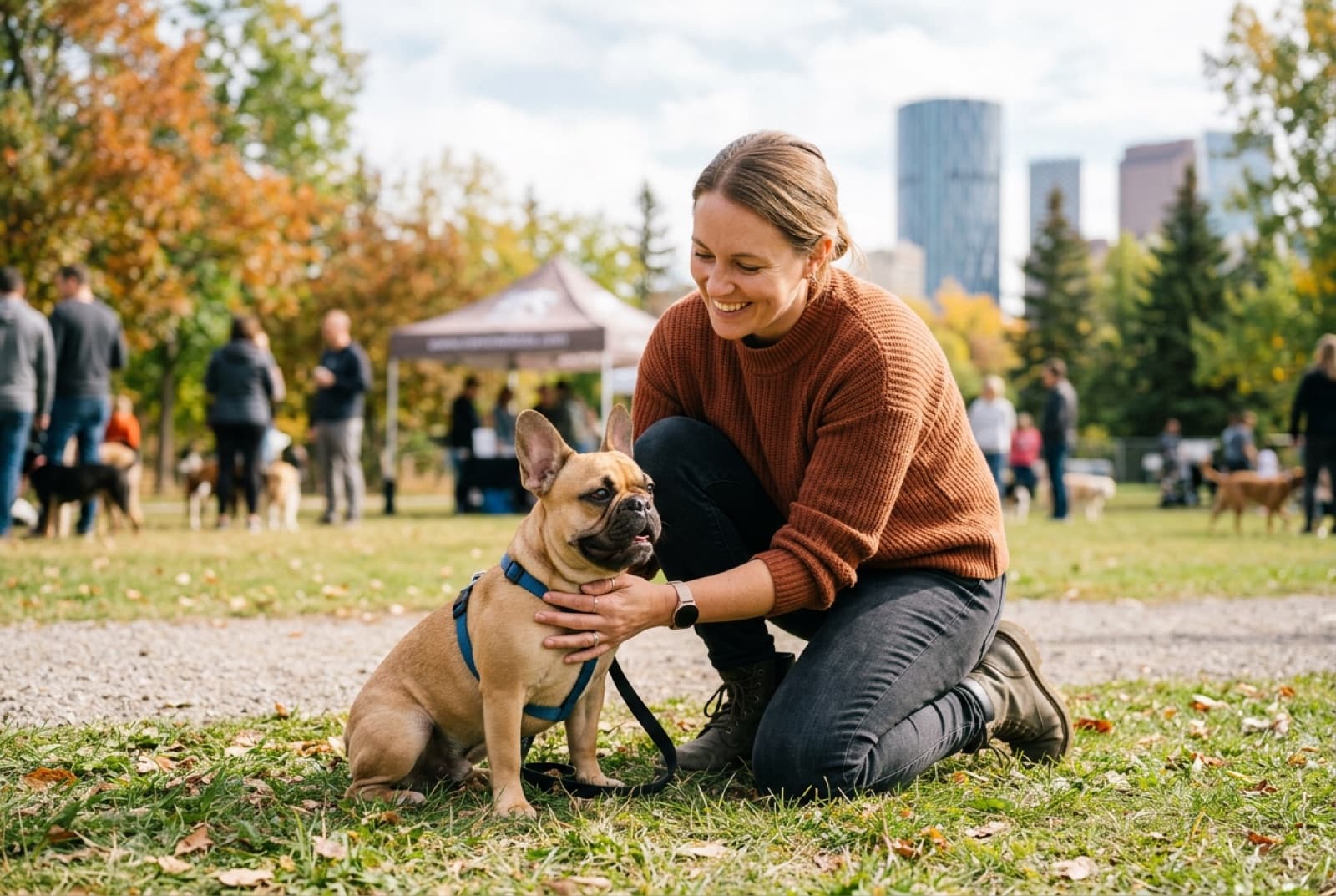 A Calgary rescue volunteer holding a fawn French Bulldog at an adoption meet-and-greet, showing the rescue intake reality