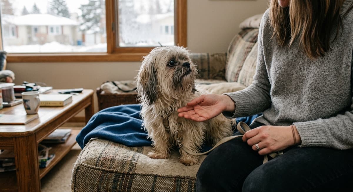 A Calgary rescue volunteer holding a senior Shih Tzu during an adoption meet-and-greet, showing the typical adult rescue intake