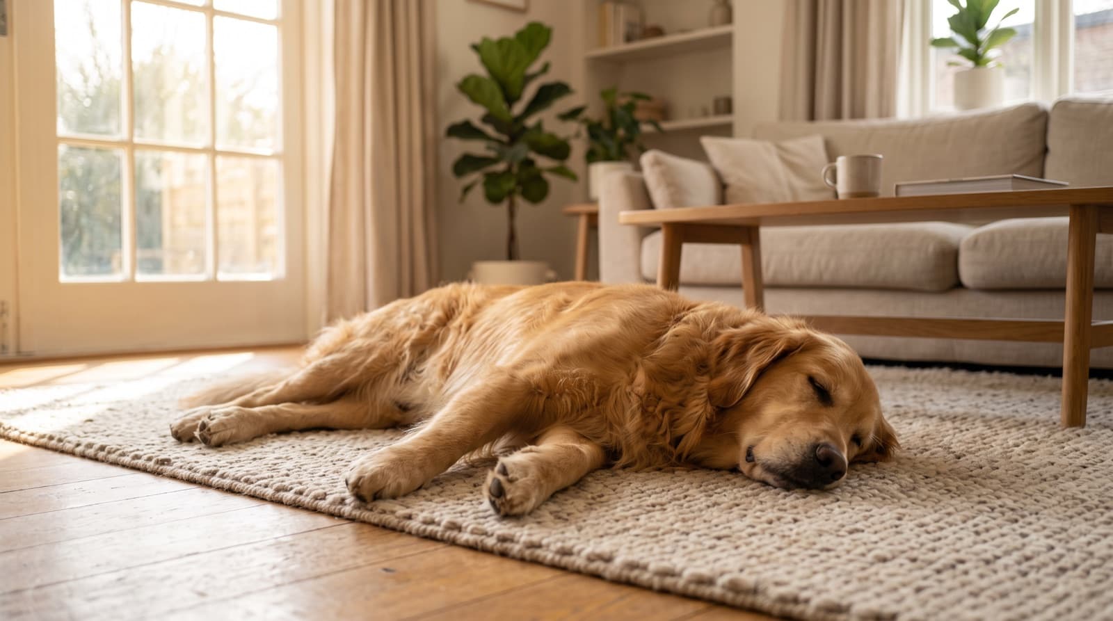 A large calm dog lying settled and relaxed on a rug in a quiet sunlit living room