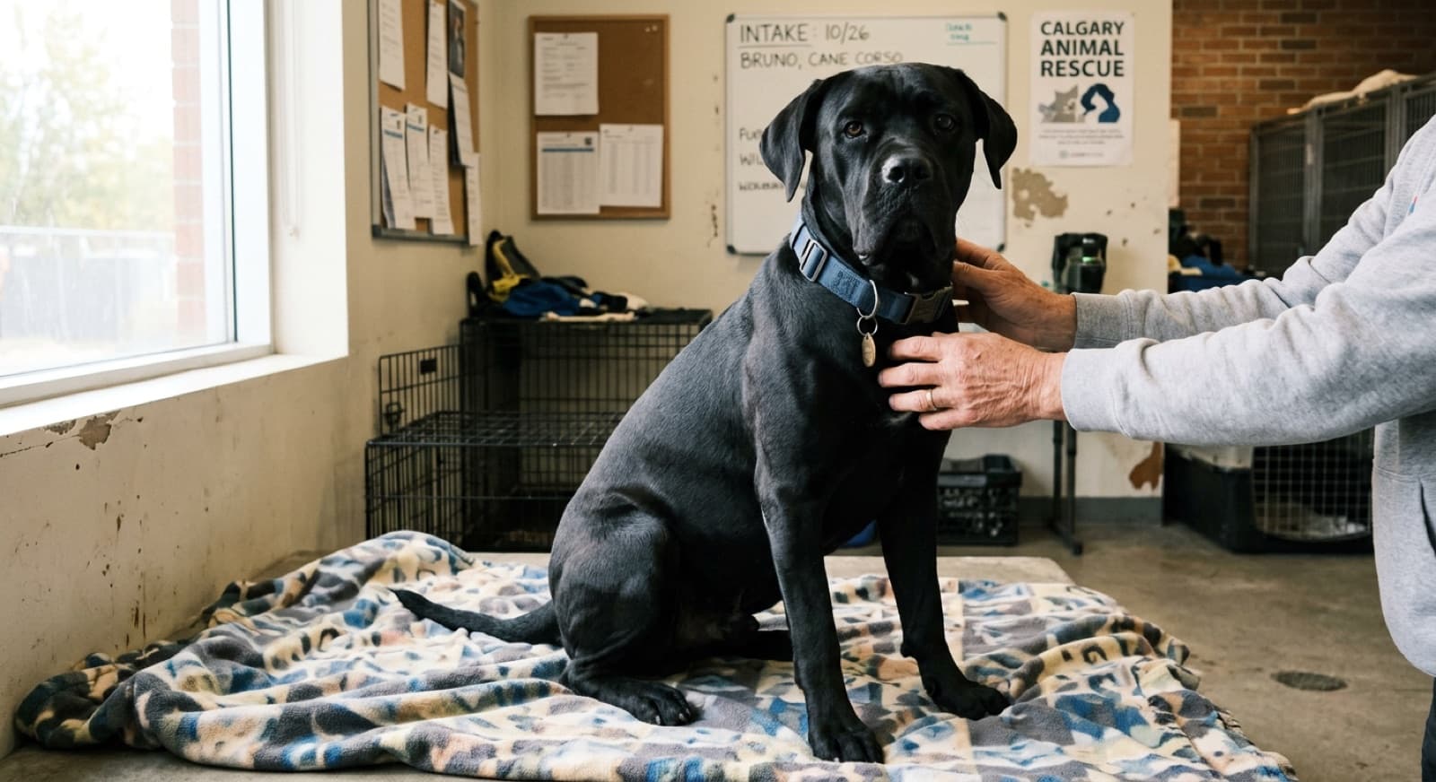 A young adult Cane Corso standing alert in a Calgary backyard, illustrating the breed’s size and guardian posture that emerges around 12 to 24 months
