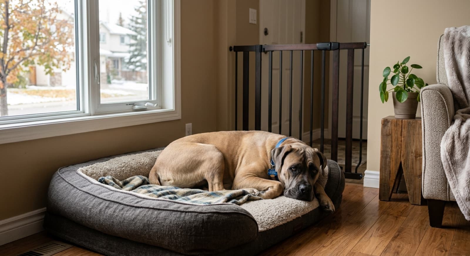 A rescue Cane Corso resting in a quiet Calgary home during the first week of decompression, large orthopedic bed on the floor