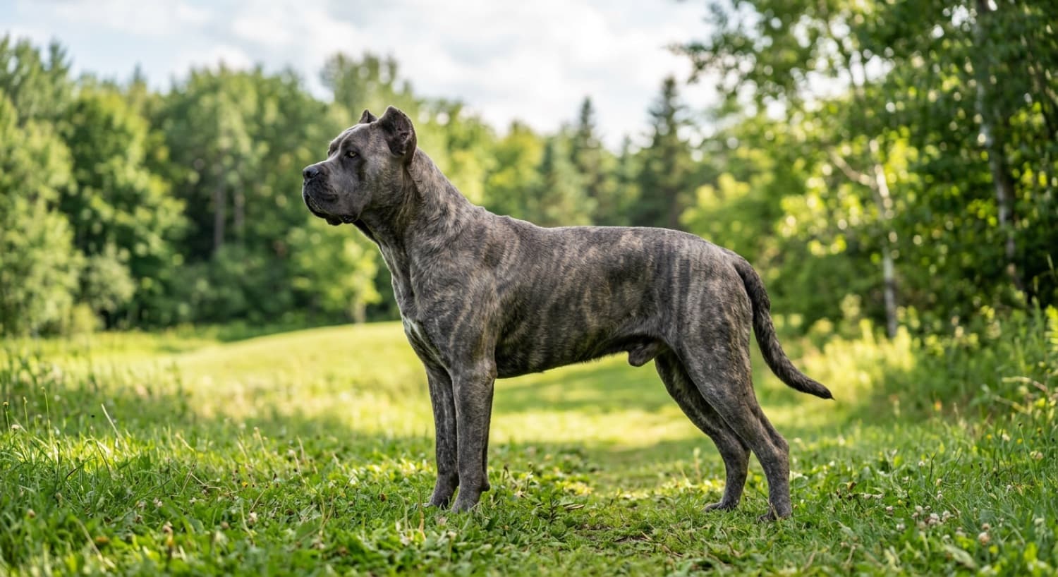 A healthy Cane Corso standing on an Ottawa trail