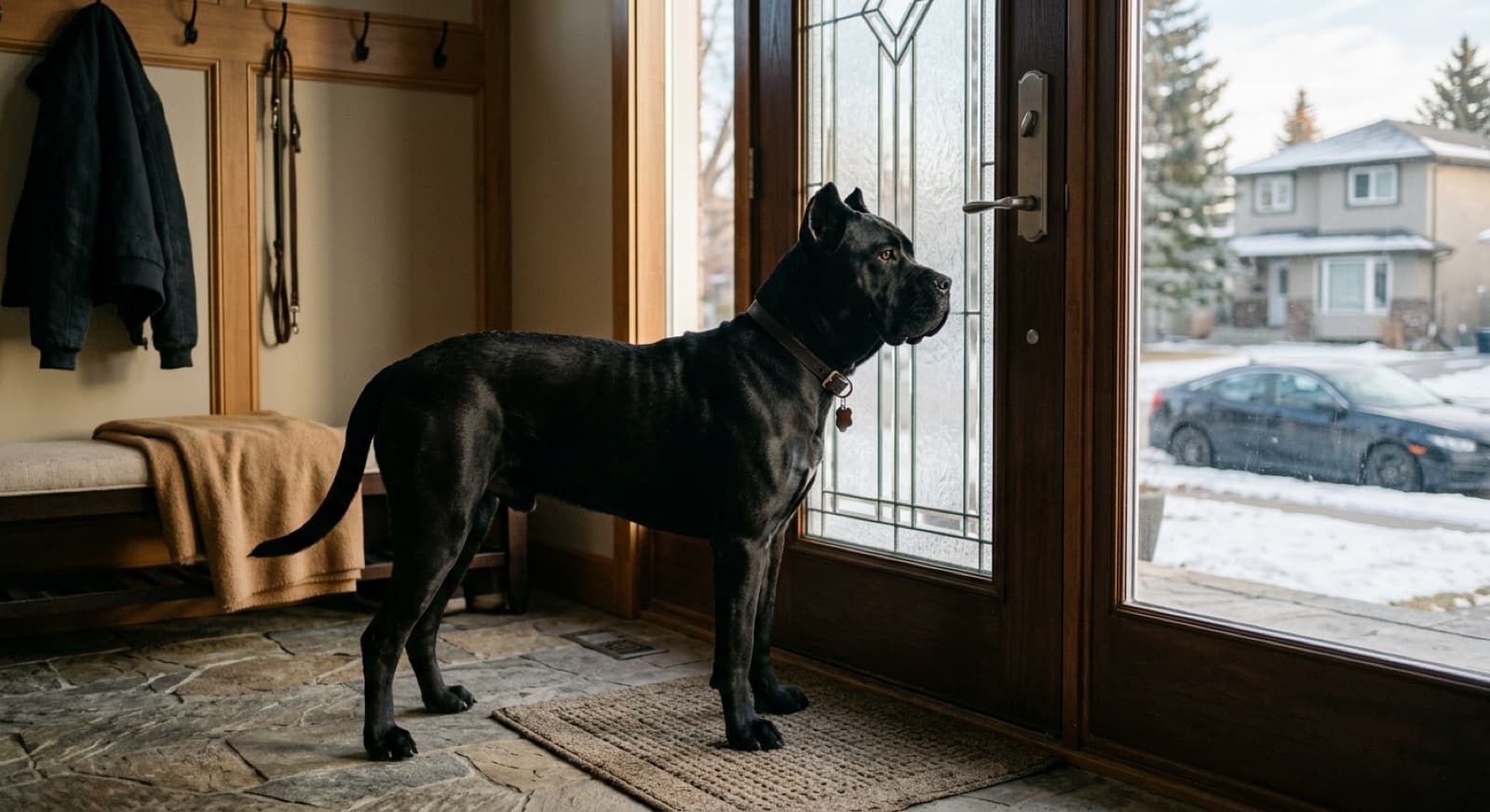 A calm adult Cane Corso sitting alert and watchful beside its owner in a Calgary residential setting, showing the discriminating guardian temperament the breed is known for