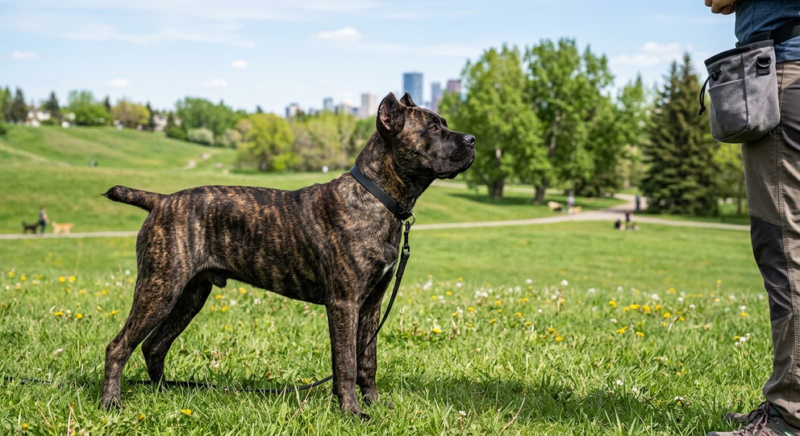 A black Cane Corso making focused eye contact with a Calgary force-free trainer during a positive reinforcement session with high-value treats