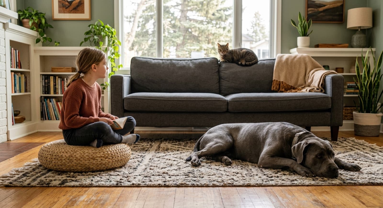 A calm adult Cane Corso resting beside a school-age child in a Calgary living room, illustrating the supervised family fit that works with this guardian breed