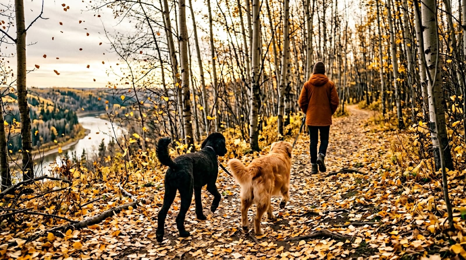 A standard poodle and a golden retriever walking through a golden autumn aspen grove at Capilano Park in northeast Edmonton, yellow leaves carpeting the trail underfoot.