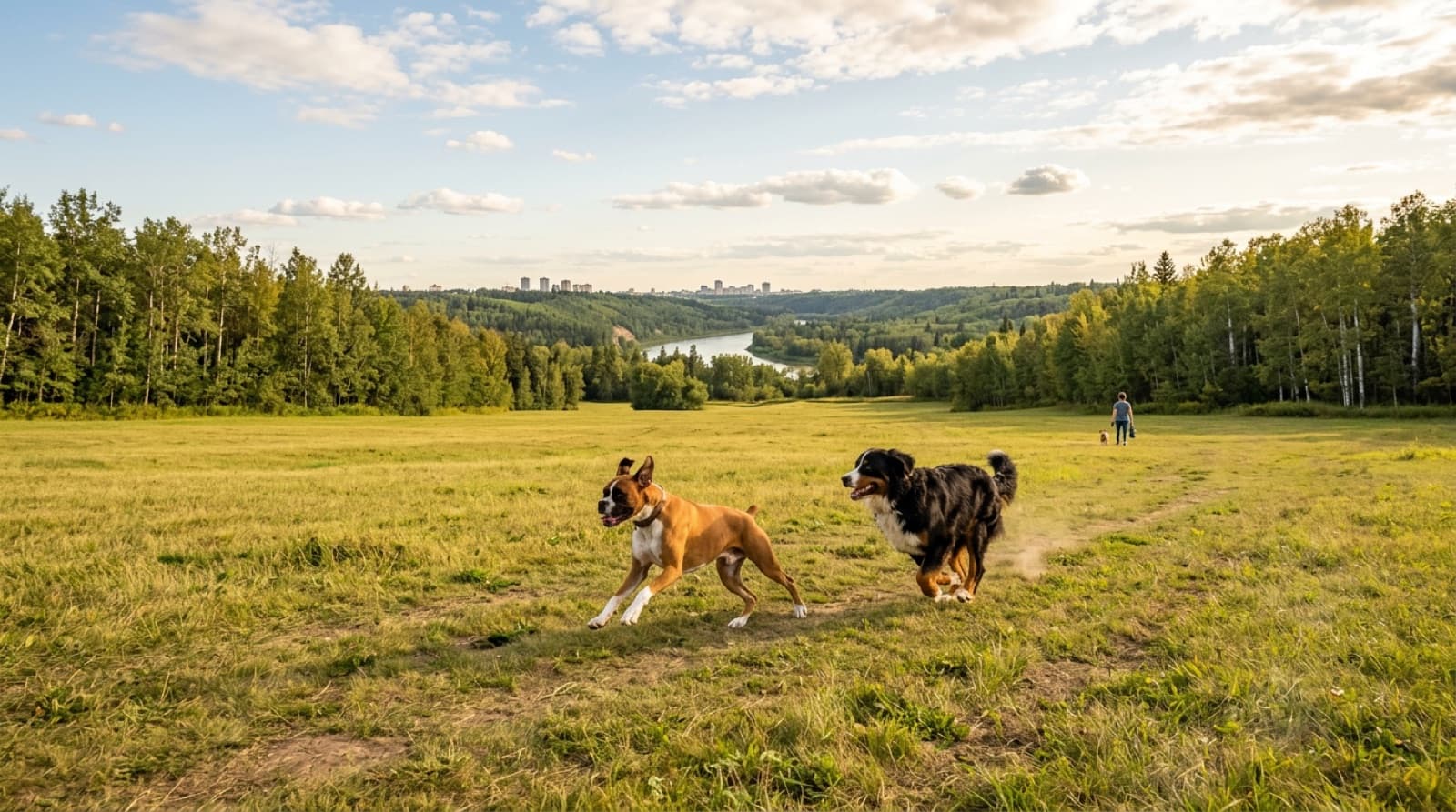 A boxer and a Bernese mountain dog mix running across the broad open field at Capilano Park's off-leash area in northeast Edmonton on a late-summer afternoon.