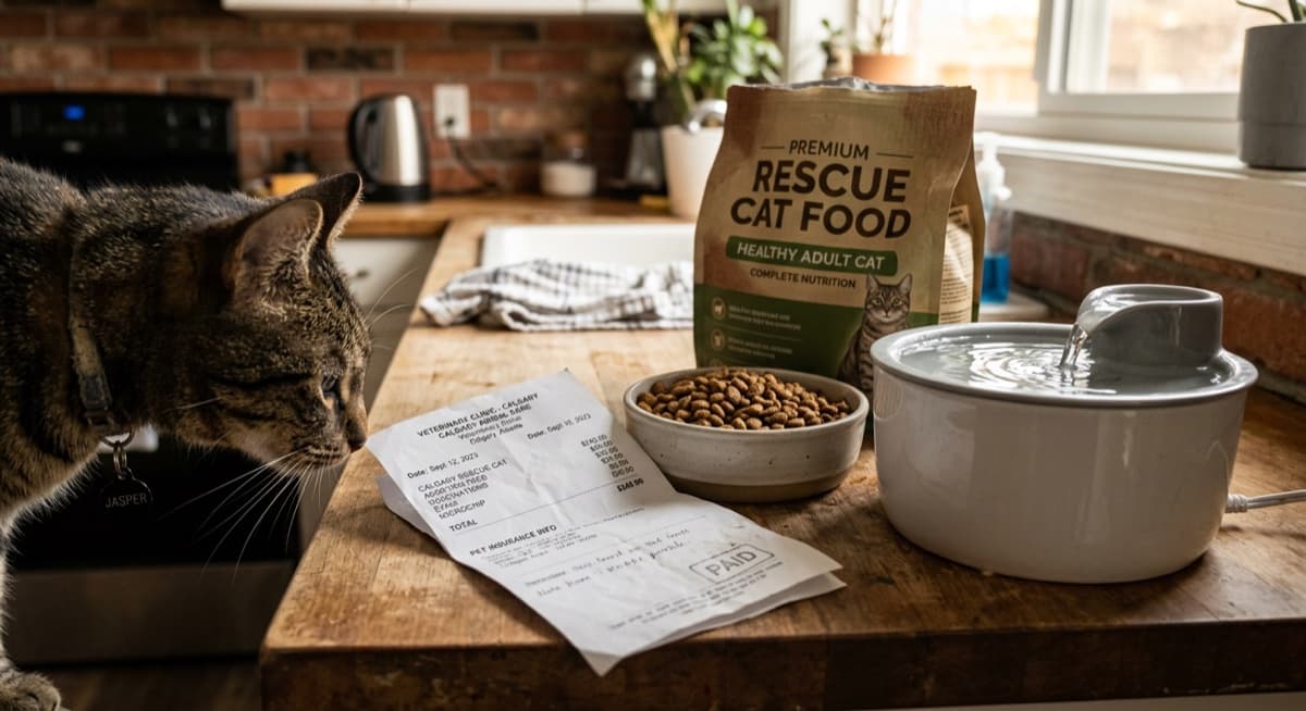 A tabby Calgary rescue cat next to a vet receipt, cat food bag, and supplies on a kitchen counter, captures the year-one cost reality of cat adoption