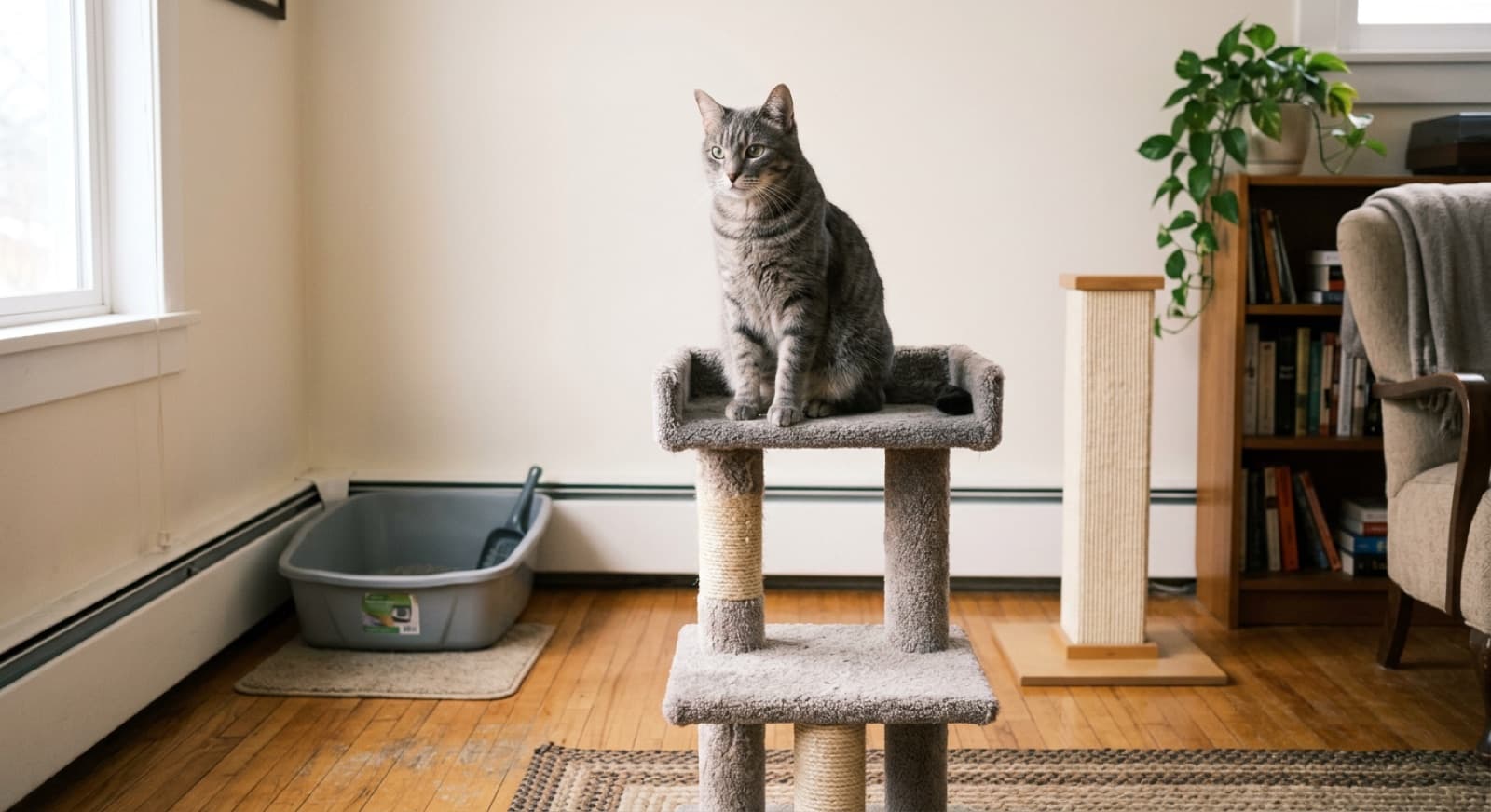 A grey tabby cat sitting next to a litter box and cat tree in an Edmonton home interior, suggesting cat setup and ongoing care