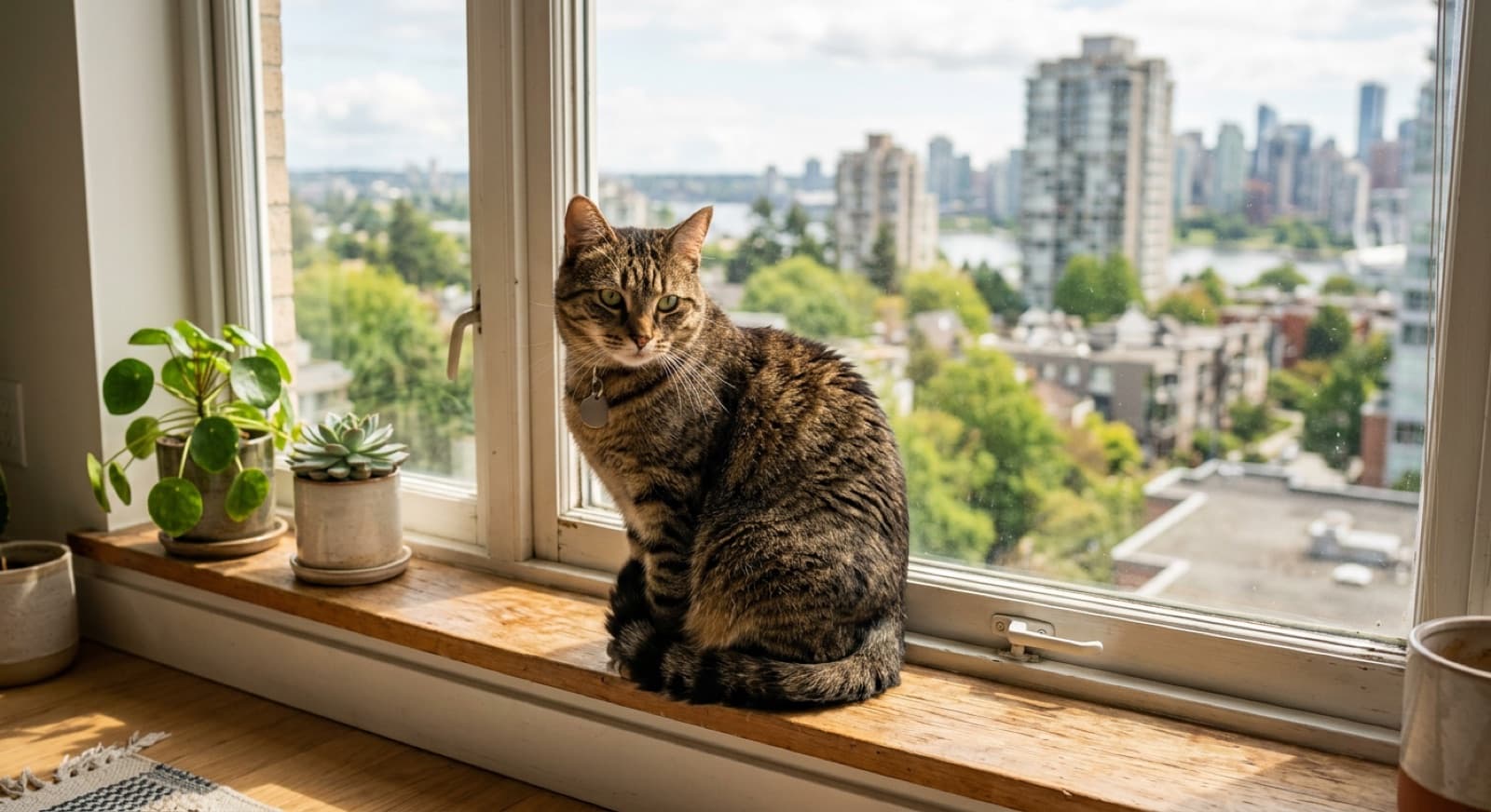 A content adopted rescue cat resting on a windowsill in a Vancouver apartment